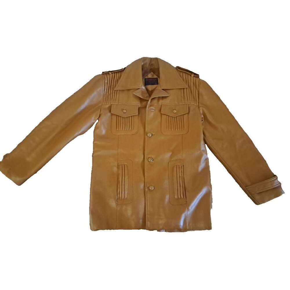 Mens Vintage Faux Leather PVC Jacket Lining Pockets Brown Hipster Street READ 42
